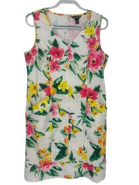 ✨ Nina Leonard Ivory Pink Yellow Floral Shift Dress Large ✨